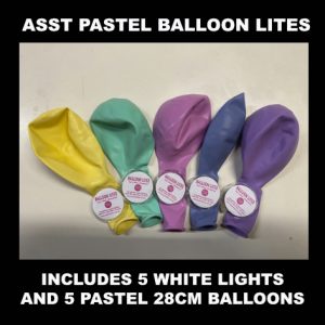 Assorted pastel coloured balloons and white balloon lites 5 pack.